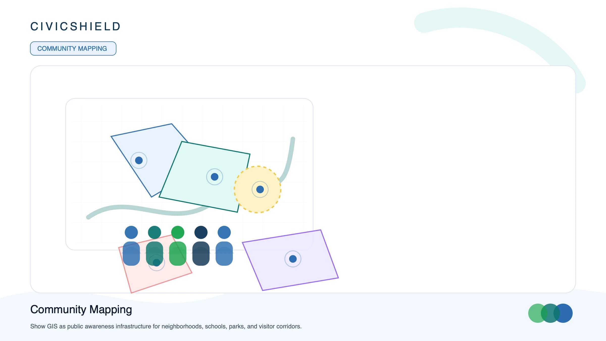 Clean community map with public places and transparent awareness layers.